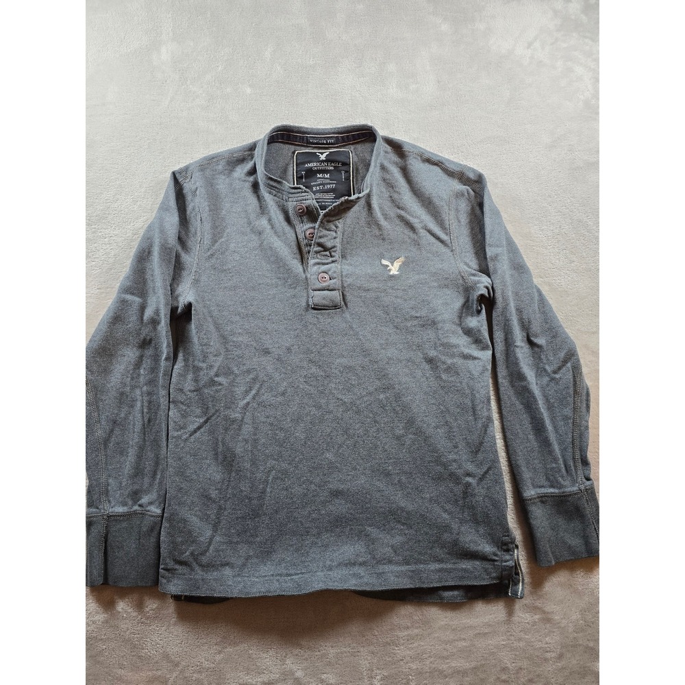 American Eagle Henley Sweatshirt Mens M Fit S Gray Long Sleeve Fleece *Read